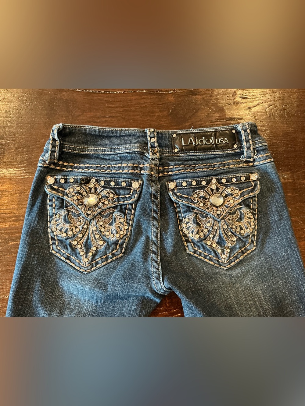 L.A. Idol Rhinestone Embroidered Bootcut Jeans Flap Pockets Juniors Size 1